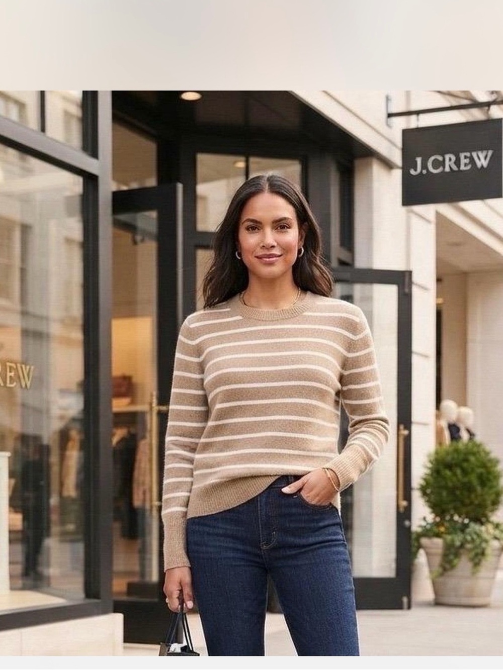 J. Crew Extra Soft Beige and Cream Striped Crewneck Wool Blend Sweater